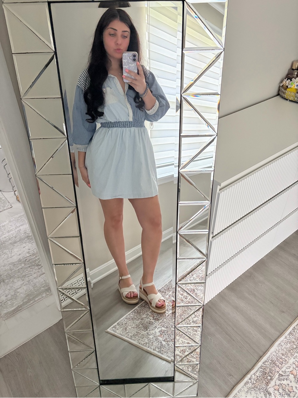 American Eagle Outfitters Light Blue Striped Mini Shirt Dress